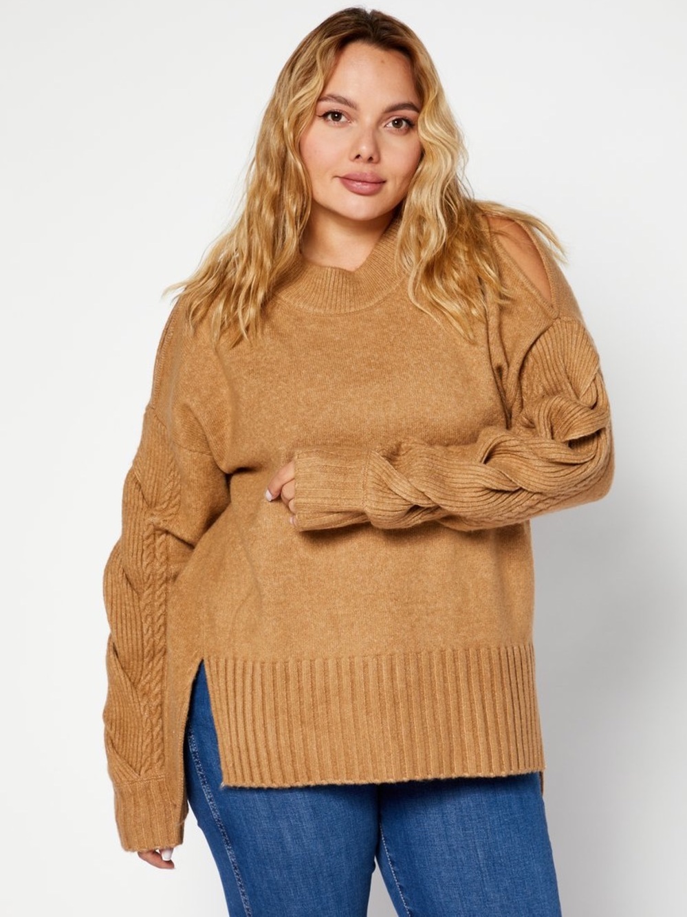 DKNY Cold-Shoulder Cable Sleeve Cozy Sweater in Camel large